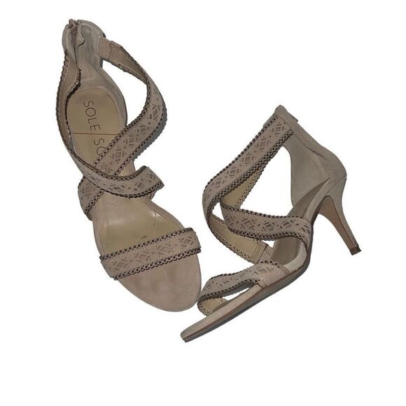 Sole Society Blush Tan Strappy Heels Open Toe Neutral Sandals Suede Sz 9.5 - Picture 1 of 9